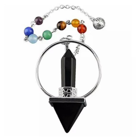 HOOUN 7 Chakra Stone Pendulum Prism Rock Quartz Magic Wand Energy Reiki Healing Amulet-Obsidian