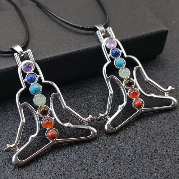 HOOUN 7 Seven Chakra Human Pendant Gemstones Crystal Reiki Charged Corded Necklace 2pc