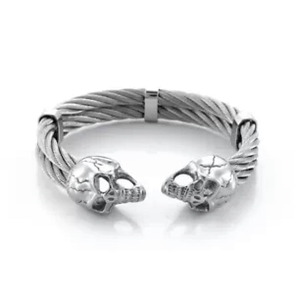 HOOUN 79g Stainless Steel Solid Wire Cuff Bangle Biker Skull End Bracelet For Men Huge-Silver