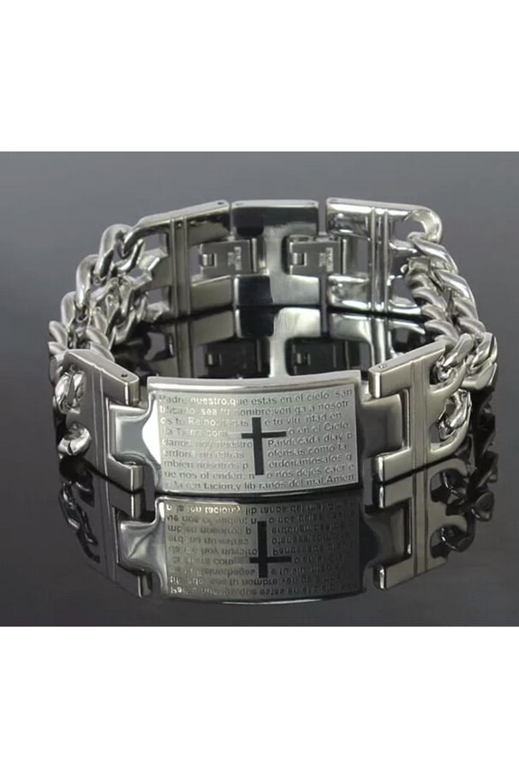 8.66'' Stainless Steel 2-Row Curb Chain Cross ID Bracelet Jewelry Mens Gift
