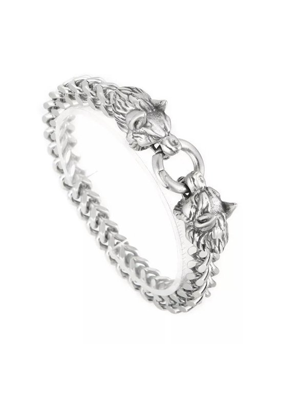 80g Sandy Biker Double Wolf End Figaro Link Chain Mens Bracelet stainless steel