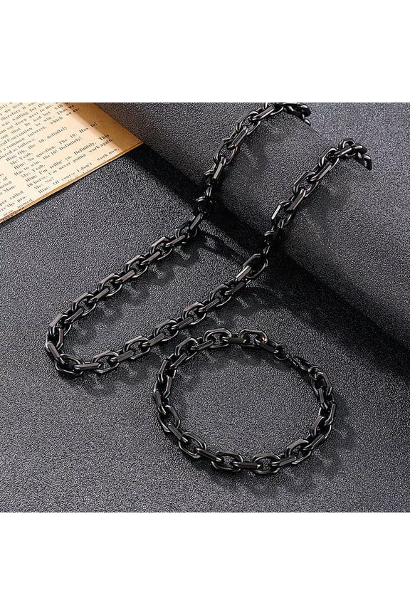 8mm 24in + 8in Black Stainless Steel Strong Link Chain Necklace Bracelet For Men