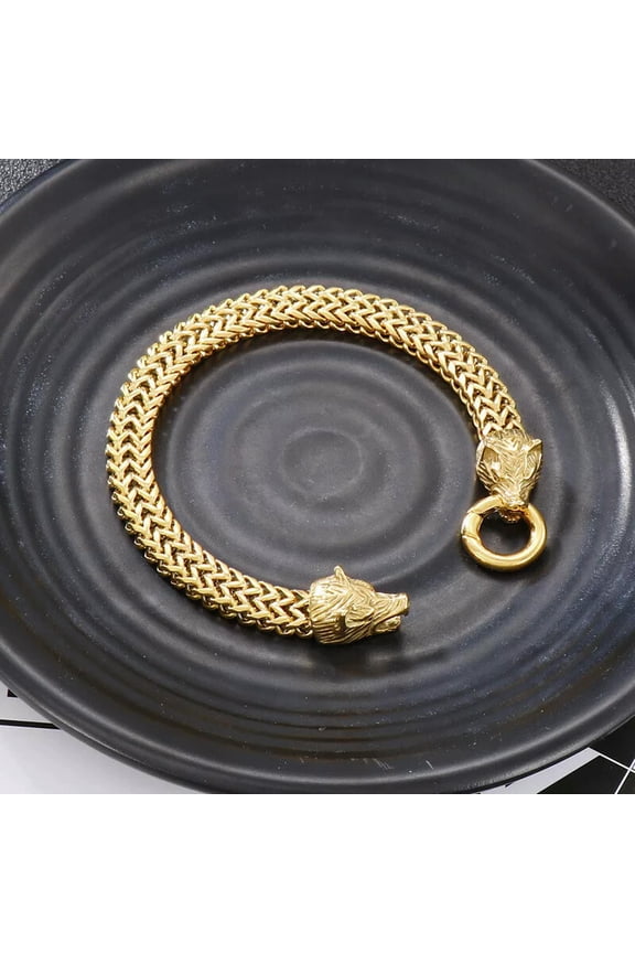 8mm 8'' Gold Figaro Link Chain stainless steel Gothic Double Wolf End Bracelet