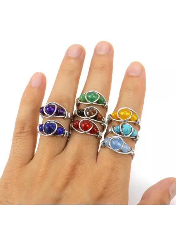 8pc Natural Crystal Wrapped Agate Bead Amethyst Stone Healing Reiki Ring