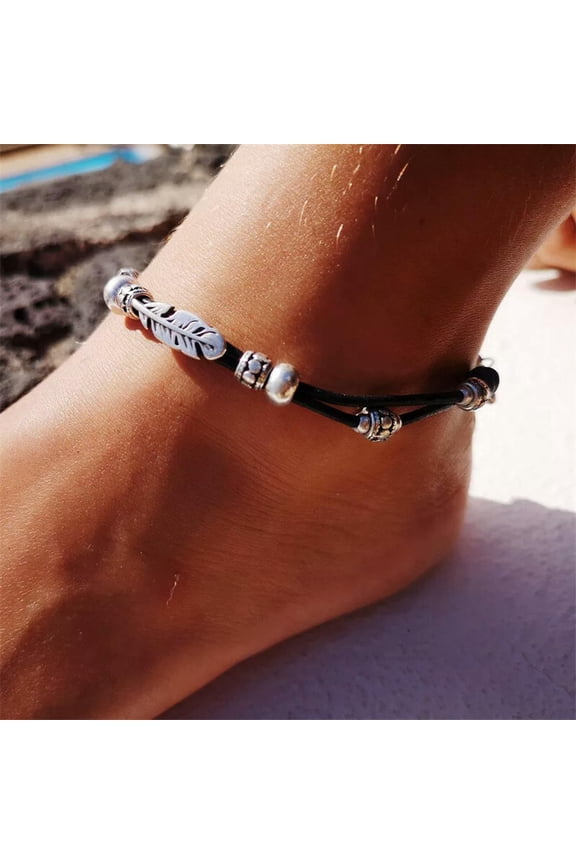 925 Silver Double Layer Leather Rope Anklet Feather Ankle Beaded Beach Anklet