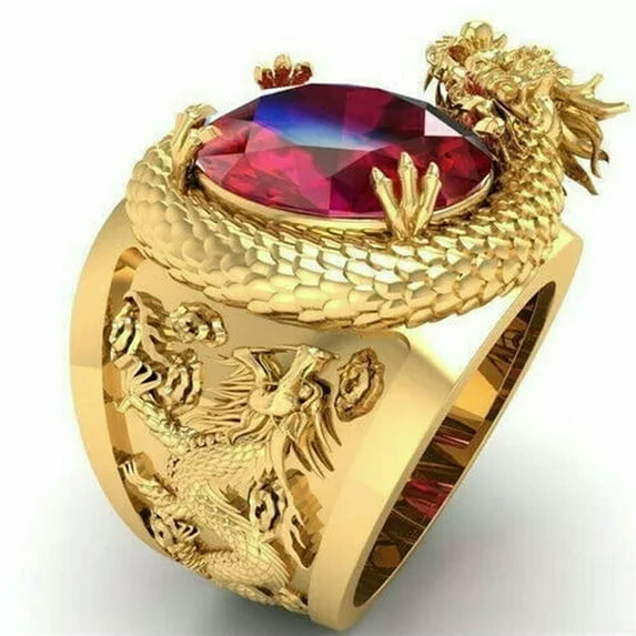 HOOUN 925 Silver Gold Rings Red Cubic Zirconia Men Women Wedding Party Jewelry Gifts-9-Gold&Dragon