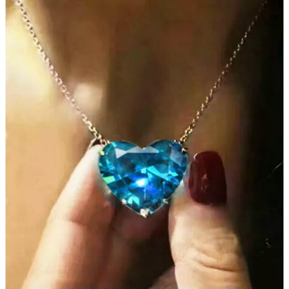 HOOUN 925 Silver Heart Crystal Pendant Chain Necklace Womens Ladies Wedding Jewellery-Blue