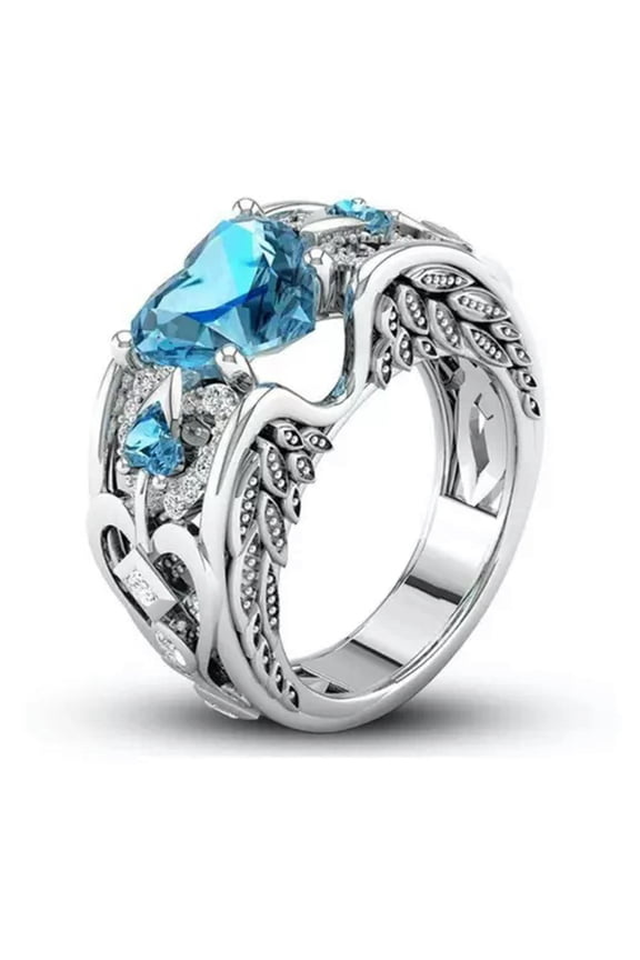 925 Silver Hollow Cubic Zirconia Crystal Heart Ring Women Elegance Jewelry Gifts-Light Blue-9