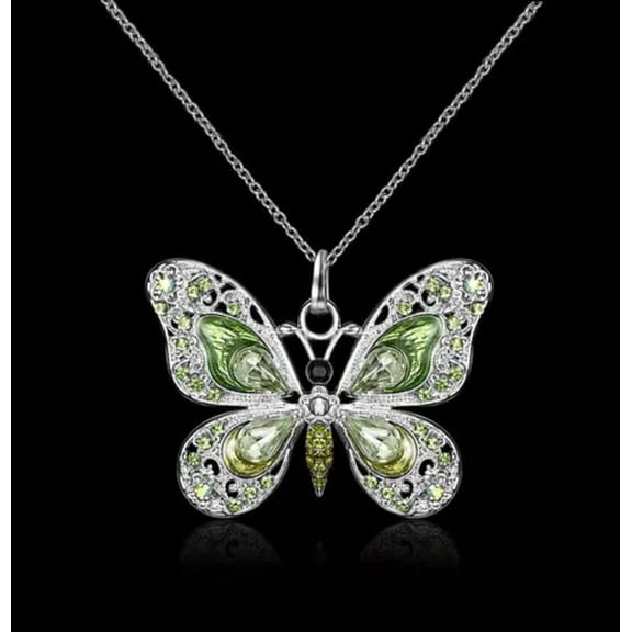 HOOUN 925 Silver Pated Heart Butterfly Crystal Shinny Necklace Chaiin Pendants Gift-Green