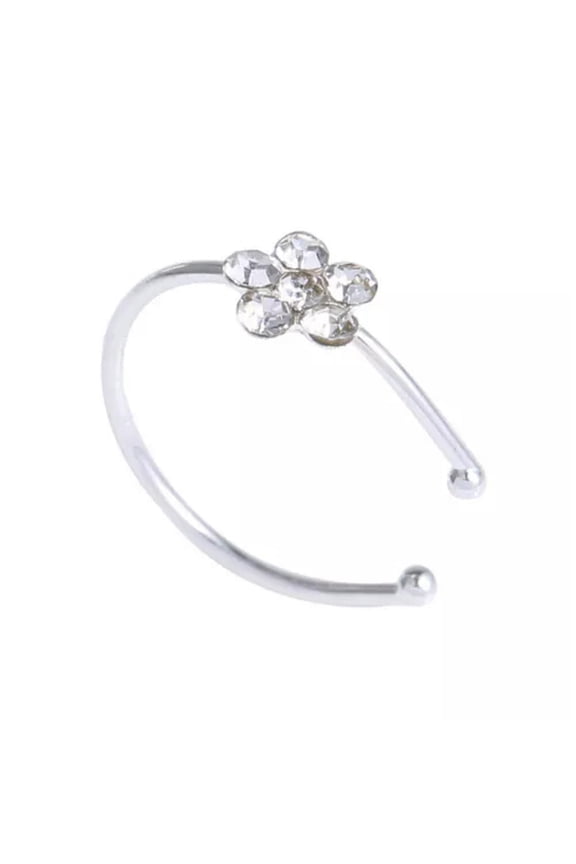 925 Silver Plated Flower Fake Nose Ring Shinny Non Piercing Clip On Cuff Gift-White