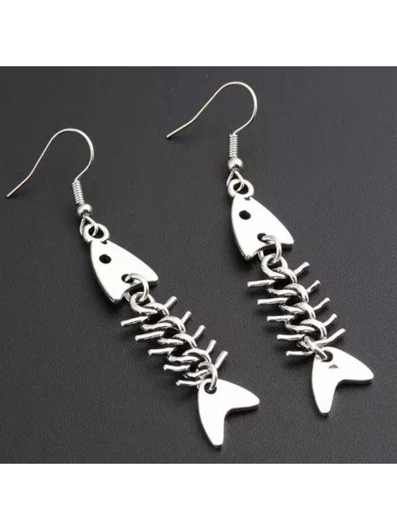 925 Silver Plated Hook Fish Bones Skeleton Earrings Long Drop Dangle Gift
