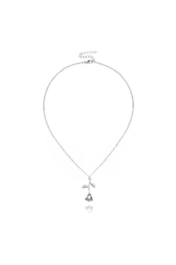 925 Silver Plated Rose Flower Dangle Chain Shinny Pendant Wedding Necklace Gift-Silver