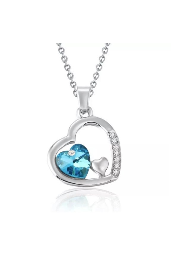 925 Silver Plated Shinny Necklace Heart Blue Ocean Stone Shinny Pendant Gift