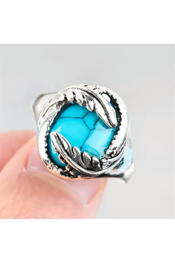 925 Silver Rings Women Turkish Handmade Ring Wedding Party Jewelry Size 6-10-Turquoise #10-5