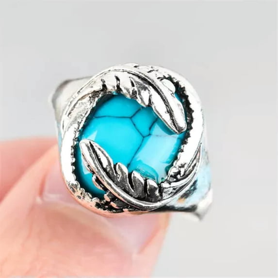 HOOUN 925 Silver Rings Women Turkish Handmade Ring Wedding Party Jewelry Size 6-10-Turquoise #10-6