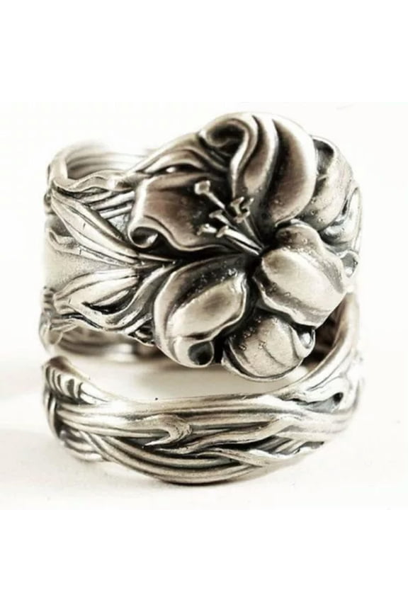 Vintage Silver Spoon Ring Flower Leaf Wide Ring Party Jewelry Adjustable Size-03#