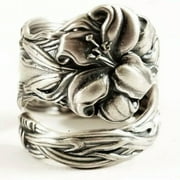 HOOUN Vintage Silver Spoon Ring Flower Leaf Wide Ring Party Jewelry Adjustable Size-03#