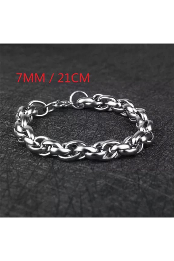 925 Silver Stainless Steel Bracelet Heavy Wristband Bangle Cuff Chain Jewelry-7MM/21CM