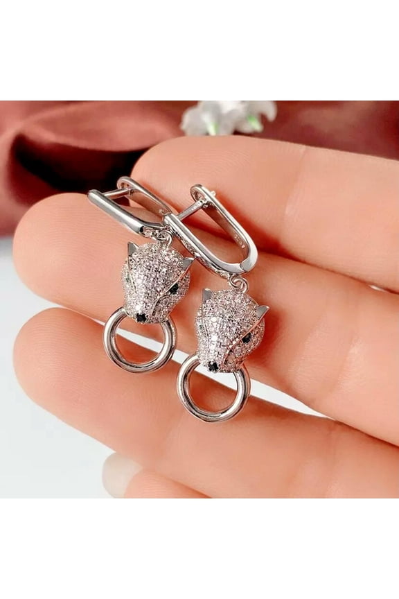 925 Silver White Rhinestone leopard head Earrings Dangle diamante earrings gift