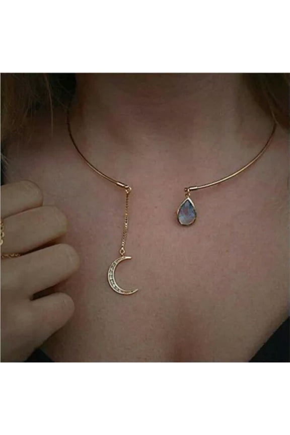 925 Silver Women Moon Pendants Necklace Cubic Zirconia Engagement Jewelry Gifts-Gold