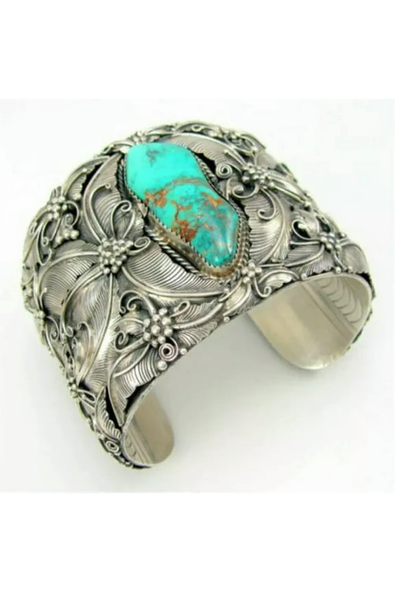 925 Silver Women Tibetan Turquoise Open Bangle Cuff Bracelet Wedding Jewelry-Turquoise-Opening