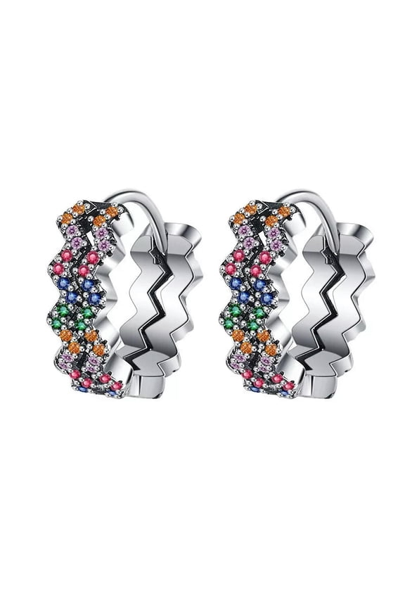 925 Solid Sterling Silver Vintage Rainbow Zirconia Storm Wave Hoop Earrings