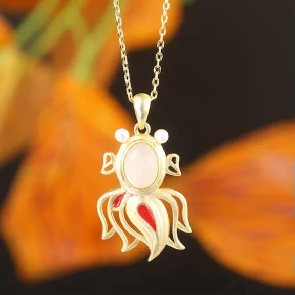 HOOUN 925 Sterling Silver Natural Jade Men's and Women's Lucky Enamel Fish Pendant