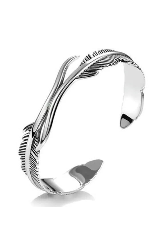925 Sterling Silver Plated Bangle Bracelet Open Cuff Love Feather Shinny Couple