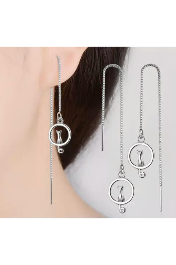 925 Sterling Silver Plated Threader Earrings Cat Hanging Tail Round Circle