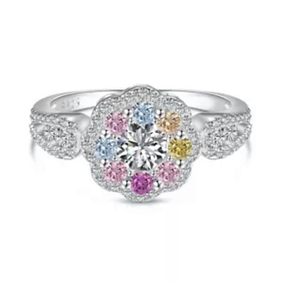 HOOUN 925 Sterling Silver Rainbow Pink CZ Stone Flower Solitaire Ring Women Party Gift-Pink-Size 7