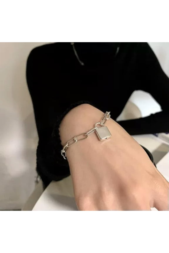 925 Sterling Silver Woman Padlock Key Tassel Bracelet Thick Chain Bangle Jewelry