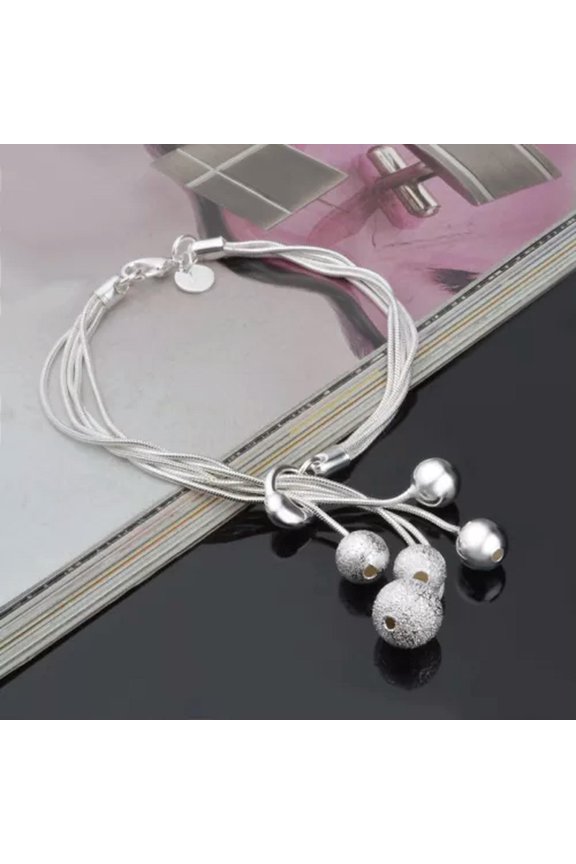 925 Sterling Silver plated Heart Charms Bracelet Beads Chain Ball Bangle Gift-Balls