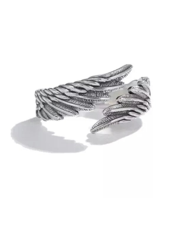 925 Sterling Silver plated Shinny Angel Devil Wing Heart Feather Ring Gift-Angel