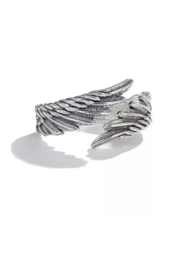 925 Sterling Silver plated Shinny Angel Devil Wing Heart Feather Ring Gift-Angel