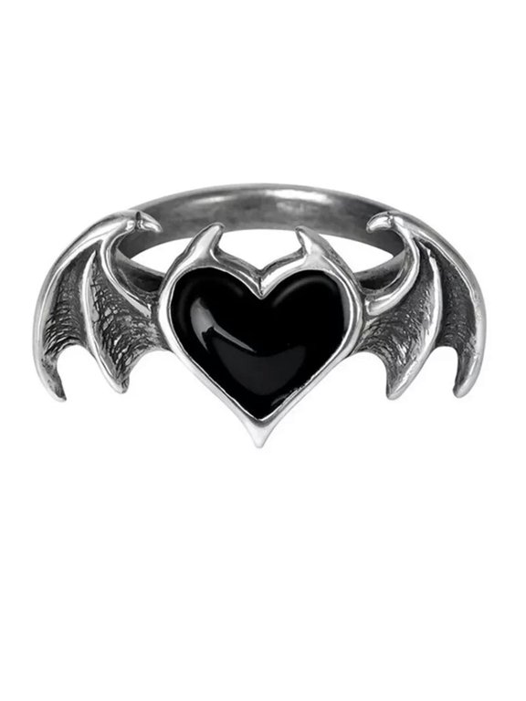 925 Sterling Silver plated Shinny Devil Black Wing Bling Heart Women Ring Gift