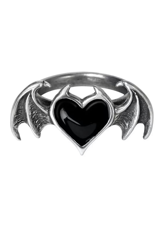 925 Sterling Silver plated Shinny Devil Black Wing Bling Heart Women Ring Gift