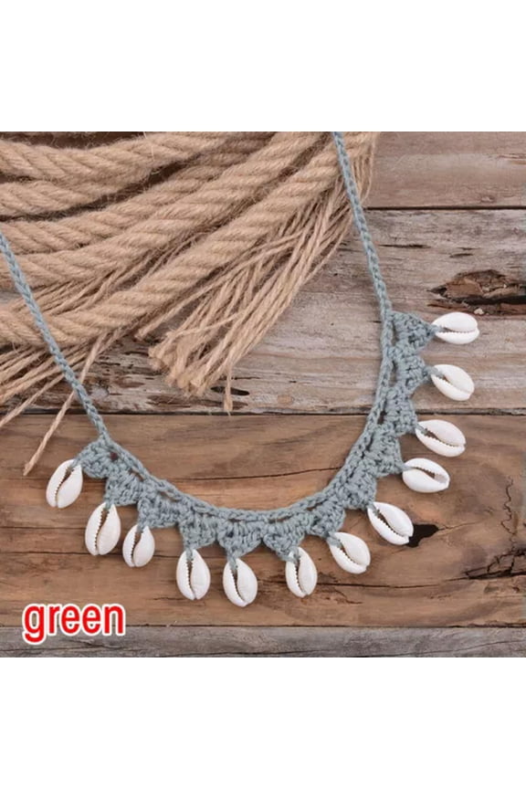 Adjustable Handmade Rope Natural Sea Shells Beads Beach Choker Necklace Gift-Green