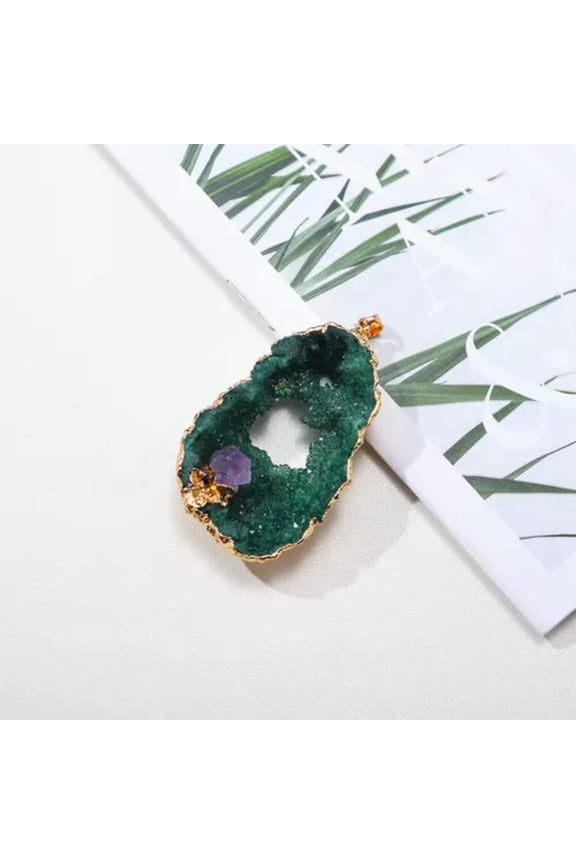 Agate Slice Amethyst Geode Stone Crystal Healing Pendant Quartz Druzy Necklace-Green