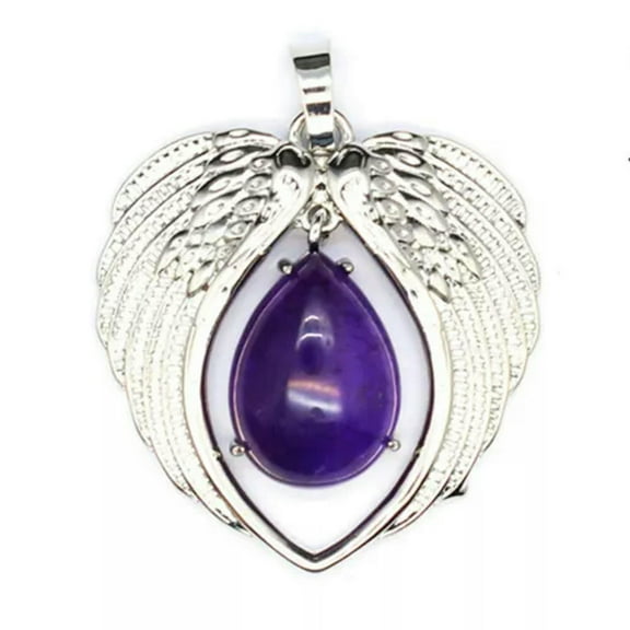 HOOUN Angel Wing Pendant Natural Crystal Heart Chakra Stone Quartz Oval Drop Necklace-Amethyst