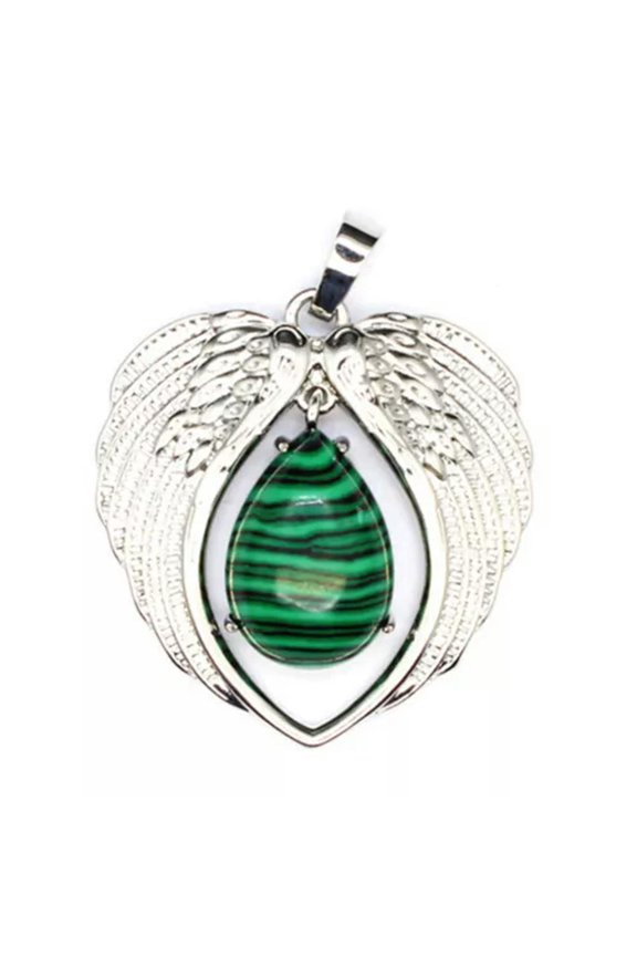 Angel Wing Pendant Natural Crystal Heart Chakra Stone Quartz Oval Drop Necklace-Malachite