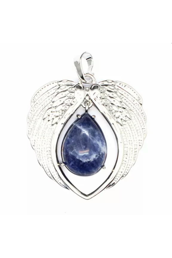 Angel Wing Pendant Natural Crystal Heart Chakra Stone Quartz Oval Drop Necklace-Sodalite