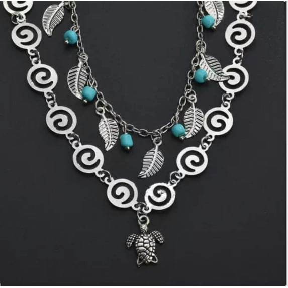 HOOUN Anklet Bracelet Turtle Beaded Bohemian Foot Beach Jewelry 2 layers Cord Lace-Turtle