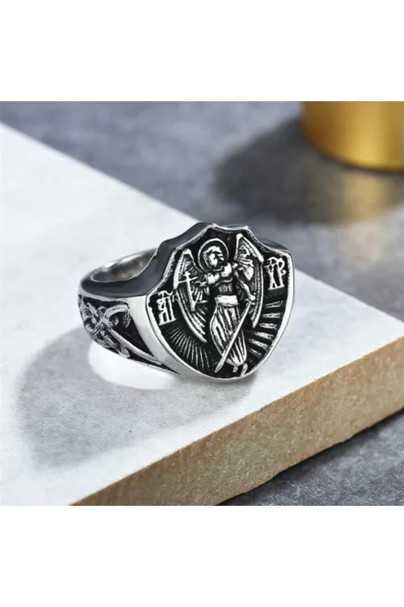 Archangel Sword Angel Ring Stainless Steel Vintage Angel Wings Shield Ring Biker-12