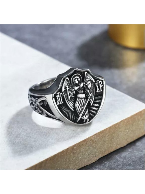 Archangel Sword Angel Ring Stainless Steel Vintage Angel Wings Shield Ring Biker-7