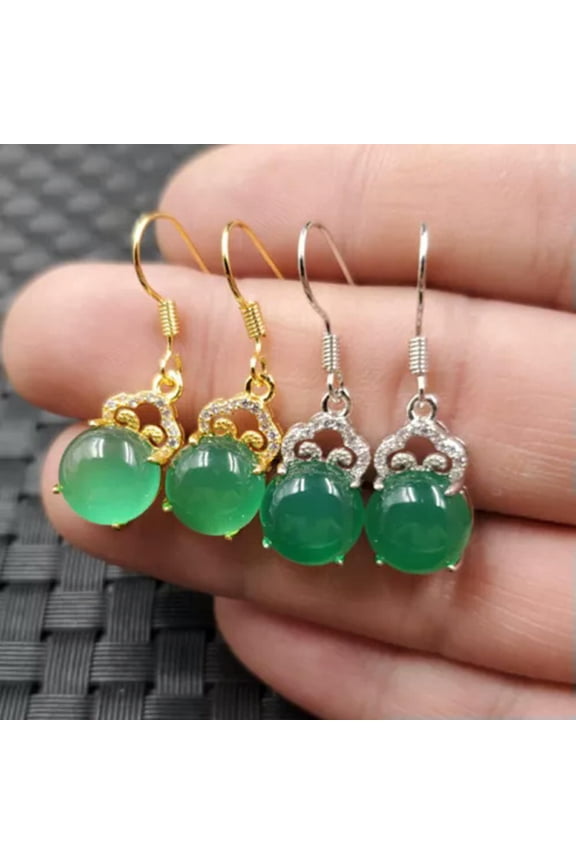 Azure Green Circular Earrings Green Chalcedony Agate Auspicious Cloud Earrings-Silver