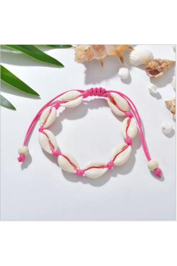 BOHO FESTIVAL BEACH DRAWSTRING ROPE SHELL BEADS ANKLET ANKLE CHAIN UK SELLER-Pink