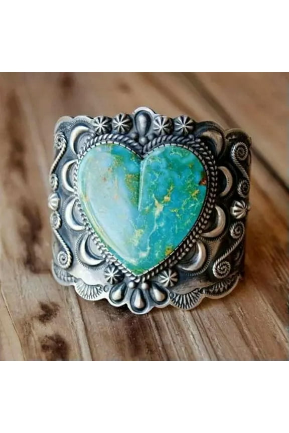 BOHO Turquoise Tibetan Silver Heart Rings for Women Party Jewelry Gift Size 6-10-9-1# Turquoise