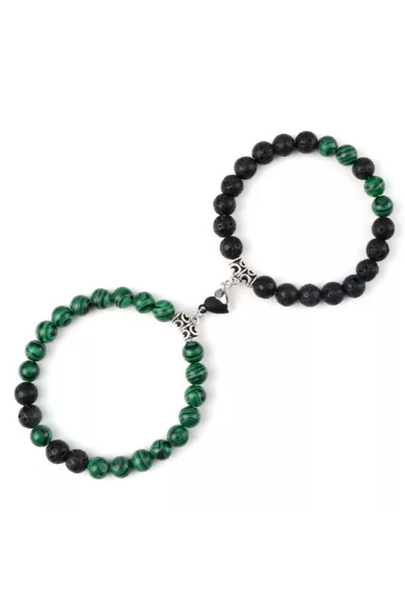 Beads Lover Couple Bracelets-Natural Stone Heart Magnet Bracelet Fashion 2PC Set-Lava-Malachite