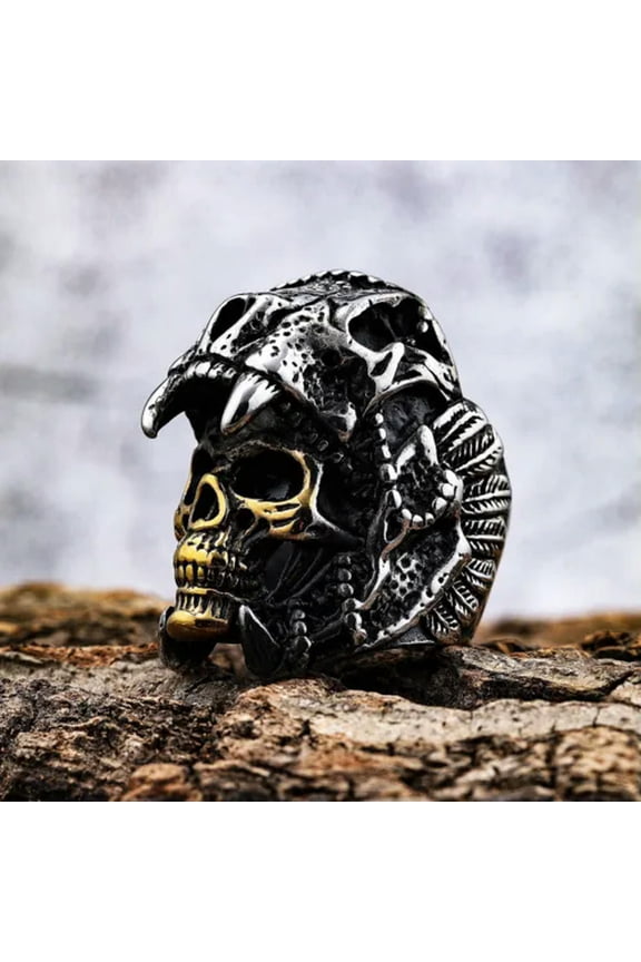 Beast Skull Helmet Indian Skull Ring Stainless Steel Men's Biker Heavy Ring Punk-15