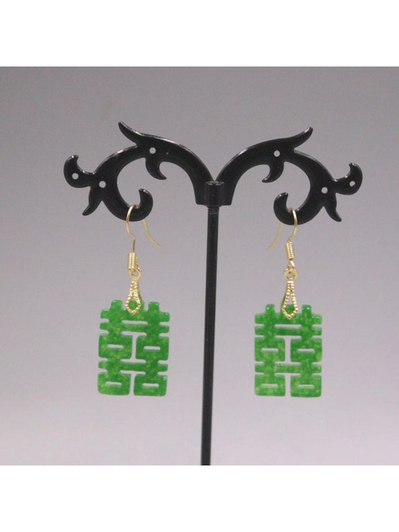 Best GP Alloy Jade Chalcedony Dangle Bless Lucky Green Double Happy Earrings